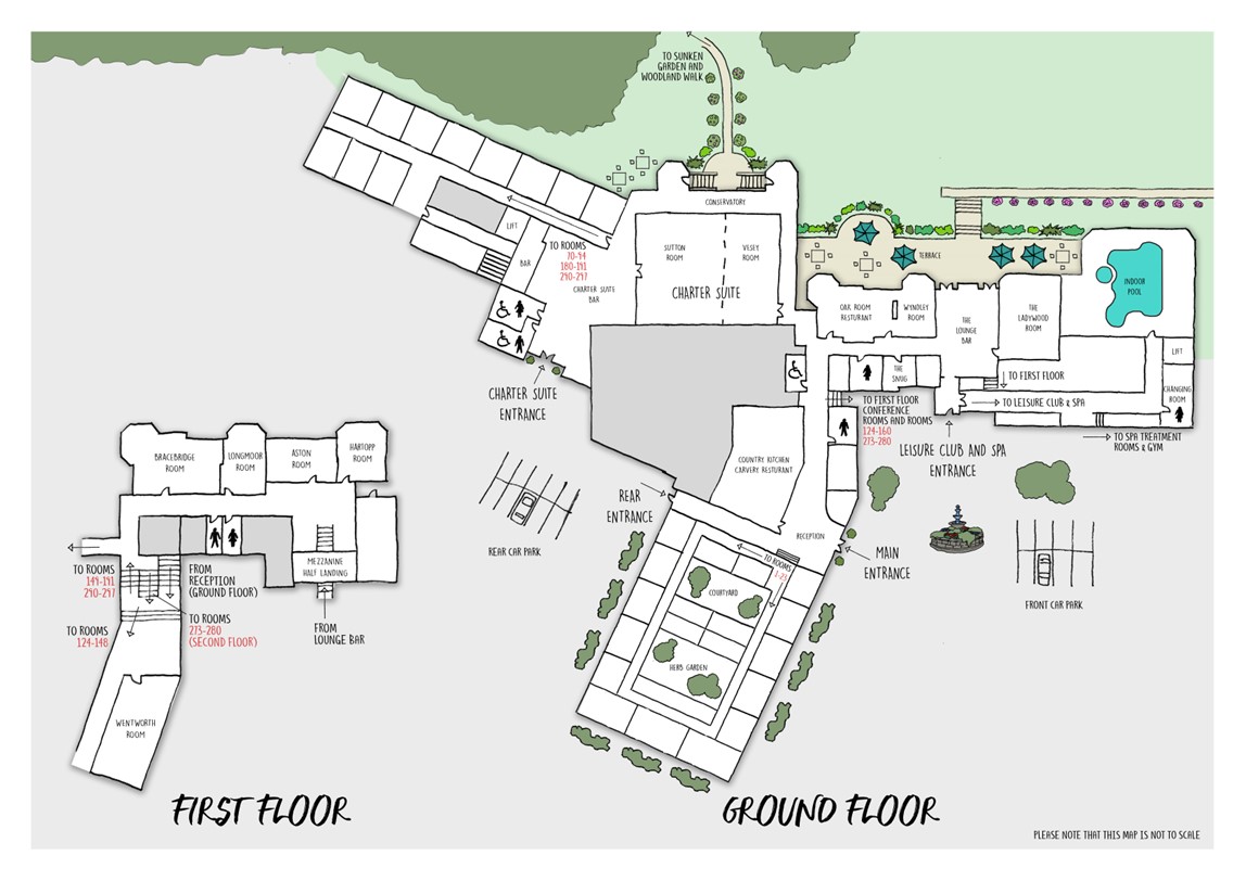 Internal Floor Plan Illustrated Map of Moor Hall Hotel Spa