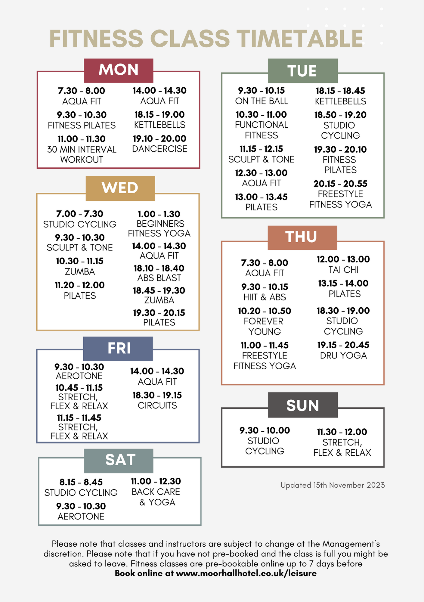 Fitness Timetable November 2023 2