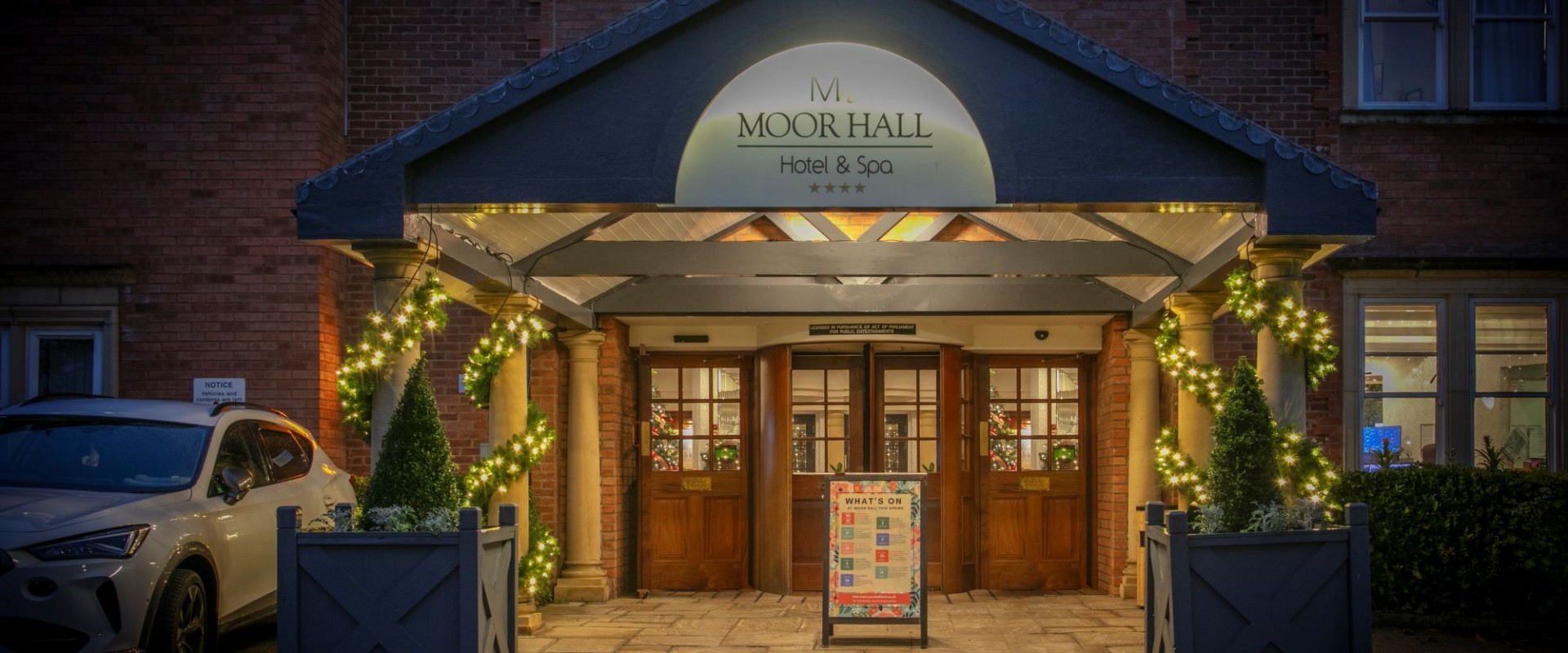 Moor Hall front exterior at Christmas 2