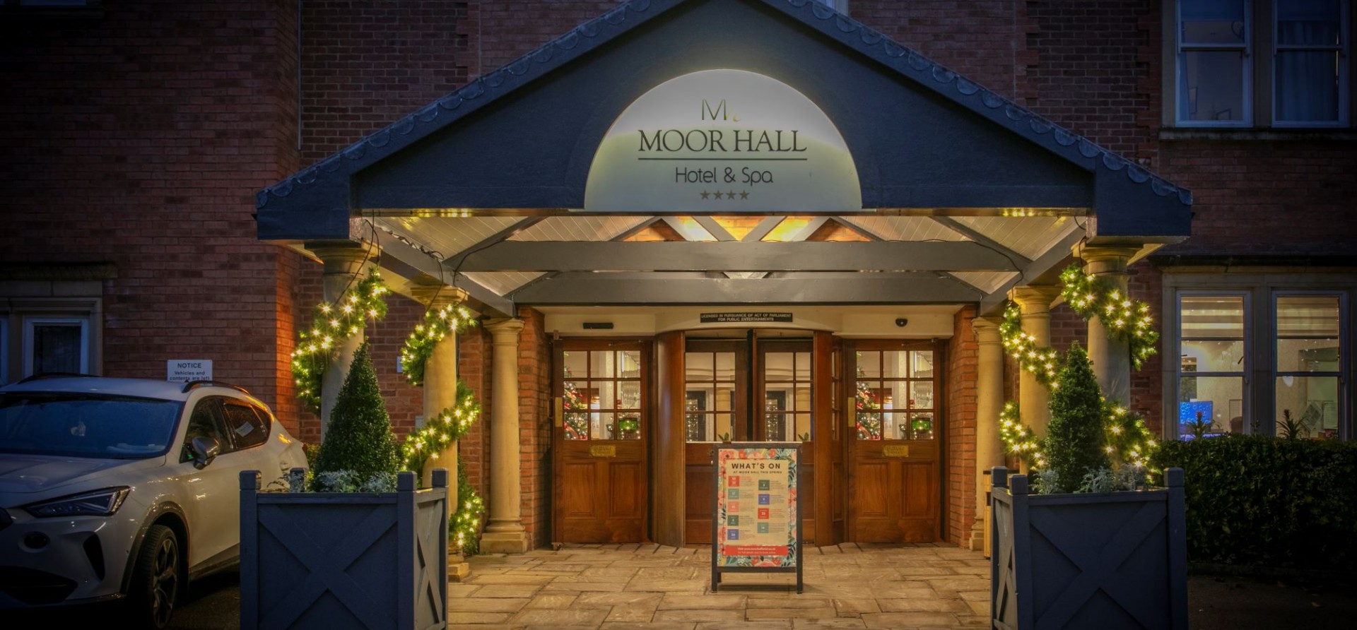 Moor Hall front exterior at Christmas 2